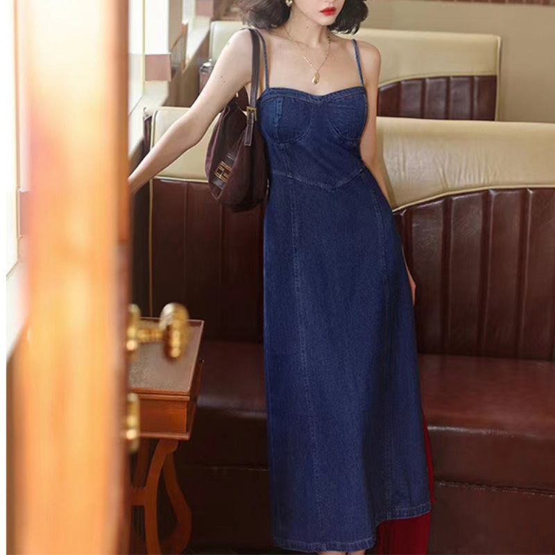 Homemade Women's Spring Square Collar Denim Suspender Dress with Waist Slimming Look French Retro Long Dress