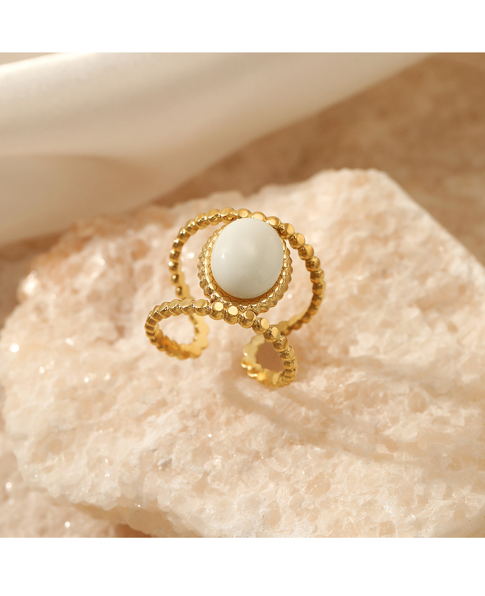 Fashion Round Stainless Steel Plating Inlay Natural Stone Open Ring 1 Piece