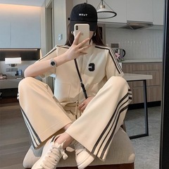 2025韓国版夏ファッション小柄カジュアルスポーツスーツ女性スリムスリムショート丈ワイドパンツ2点セット