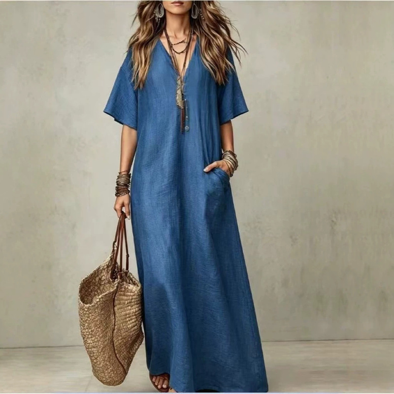 2026 European and American cross-border linen V-neck short-sleeve long dress with side pockets, beachwear for women, summer high-end style 2026 European and American cross-border linen V-neck short-sleeve long dress with side pockets, beachwear for women, summer high-end style