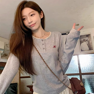 玖玖【人棉】甜美花边圆领长袖T恤女秋季灰色打底衫修身内搭上衣