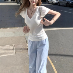 淡い人の紙切れのtee快適至上 ~ 天糸ウールvネックtシャツ女性デザイン感夏半袖上着