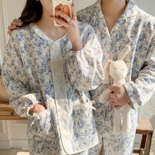 太空夹棉韩版秋冬新款情侣睡衣套装加厚水墨画圆领外穿女家居服