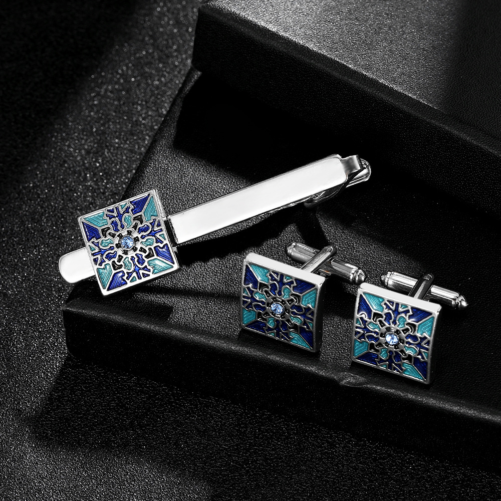Kreative Manschettenknöpfe mit blauem Muster für Männer und Frauen, Business-Manschettenknöpfe für französische Hemden, Krawattenklammer, Zubehör in Geschenkbox_voghion.com