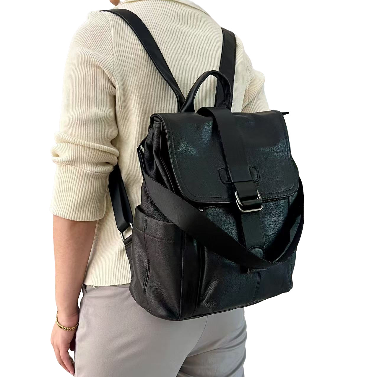 Leather Backpack, Fashionable Men's And Women's Backpack, Black Soft Cowhide Travel Backpack_voghion.com