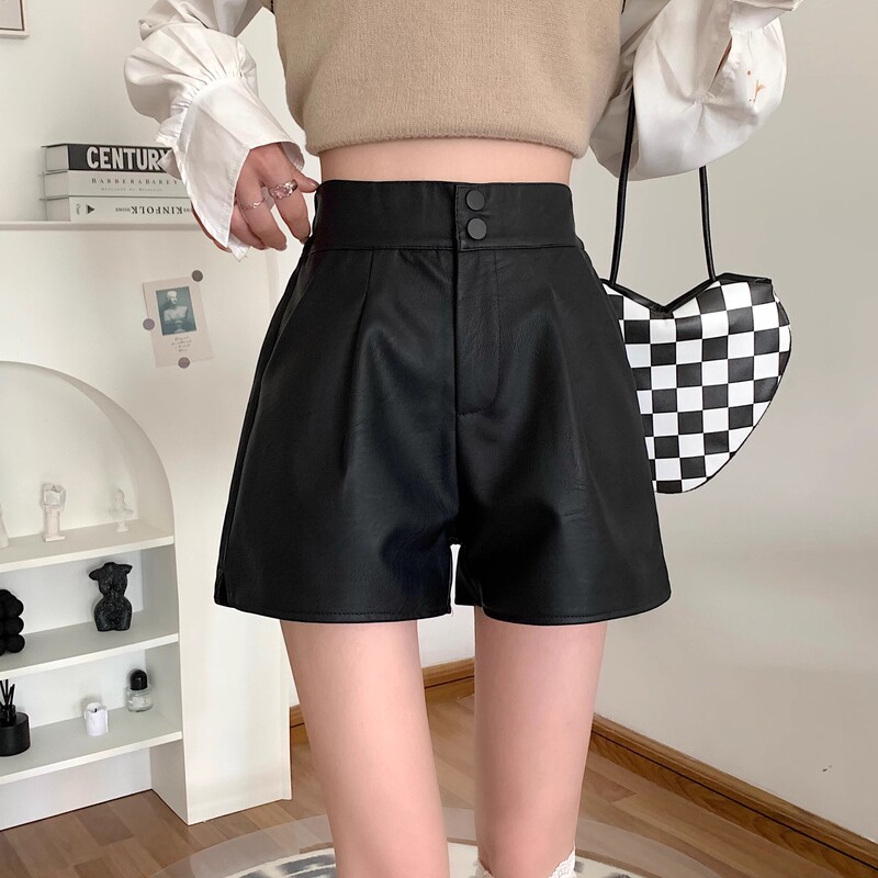 Brown Leather Pants for Women, 2026 Autumn New Style Pu Shorts Paired with Boots, High-Waisted A-Line Pants for Outerwear, Boot Shorts