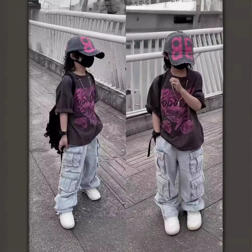 Детская летняя футболка с короткими рукавами от Baoquan Clothing, свободный молодежный креативный топ с круглым вырезом и принтом в виде сердца и цепочки.