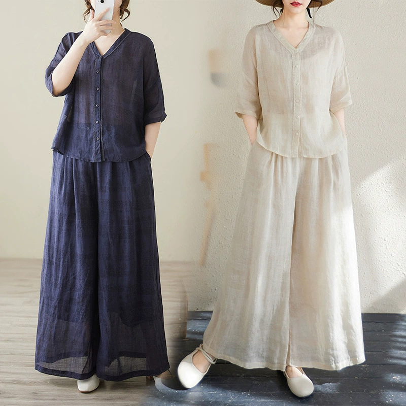 Льняной костюм в западном стиле: рубашка с V-образным вырезом и широкие брюки из рами, хлопок и лен, женский, весна-лето 2025, новый комплект для мамы
