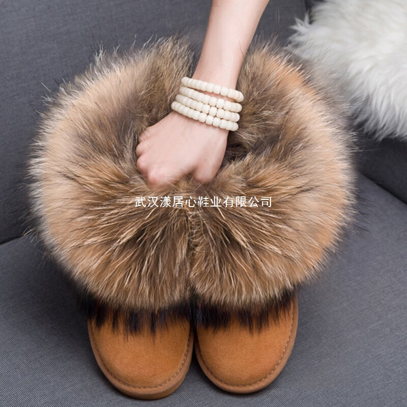 Fur Integrated Fox Fur Snow Boots for Women, Genuine Leather Low-Cut Cowhide Snow Boots, Raccoon Fur Inner Heightening Short Boots