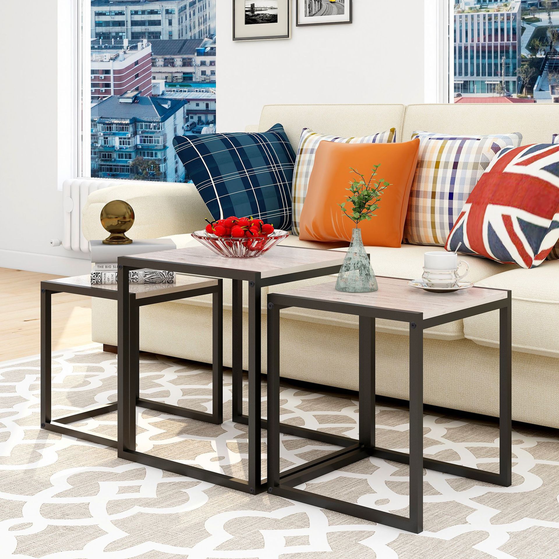 Estadounidense simple acero y madera cuadrada de tres piezas, mesas de sala de estar, mesas laterales modernas multifuncionales, mesas de té