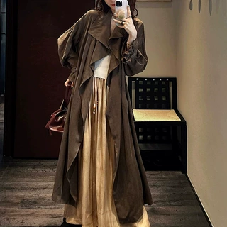【风弦】高渗透斑驳感印花天丝大翻领长风衣气质显瘦小众外套