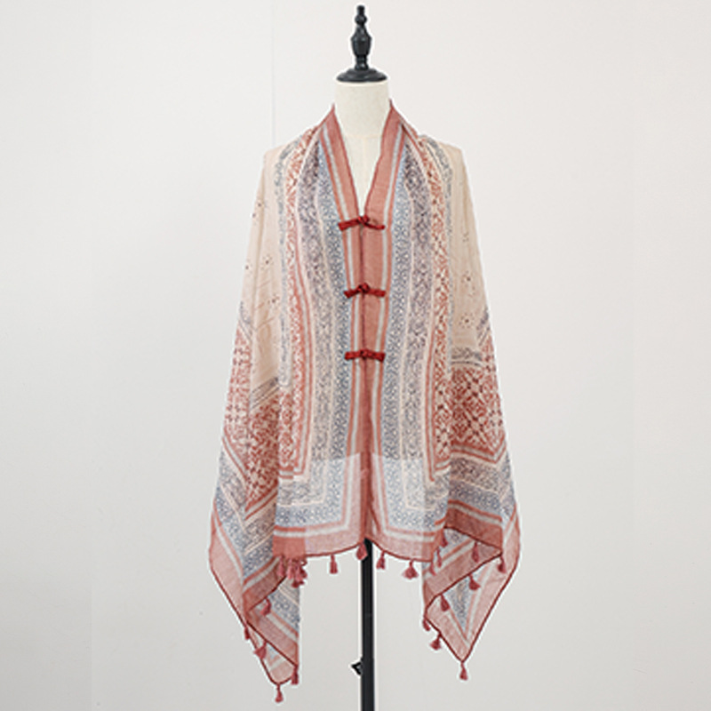 Chal de verano con falda, estampado de verano, nuevo estilo chino, bufanda de seda con hebilla, chal de protección solar, chaleco pequeño