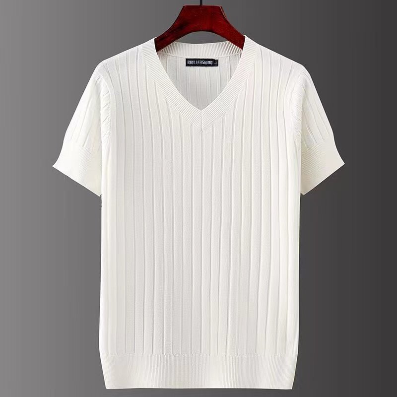 Knitted Short-Sleeve T-Shirt for Men, V-Neck, Slim Fit, Old Money Style, Business High-End Feel, Solid Color, Ice Silk, Summer, Cross-Border Factory Wholesale
