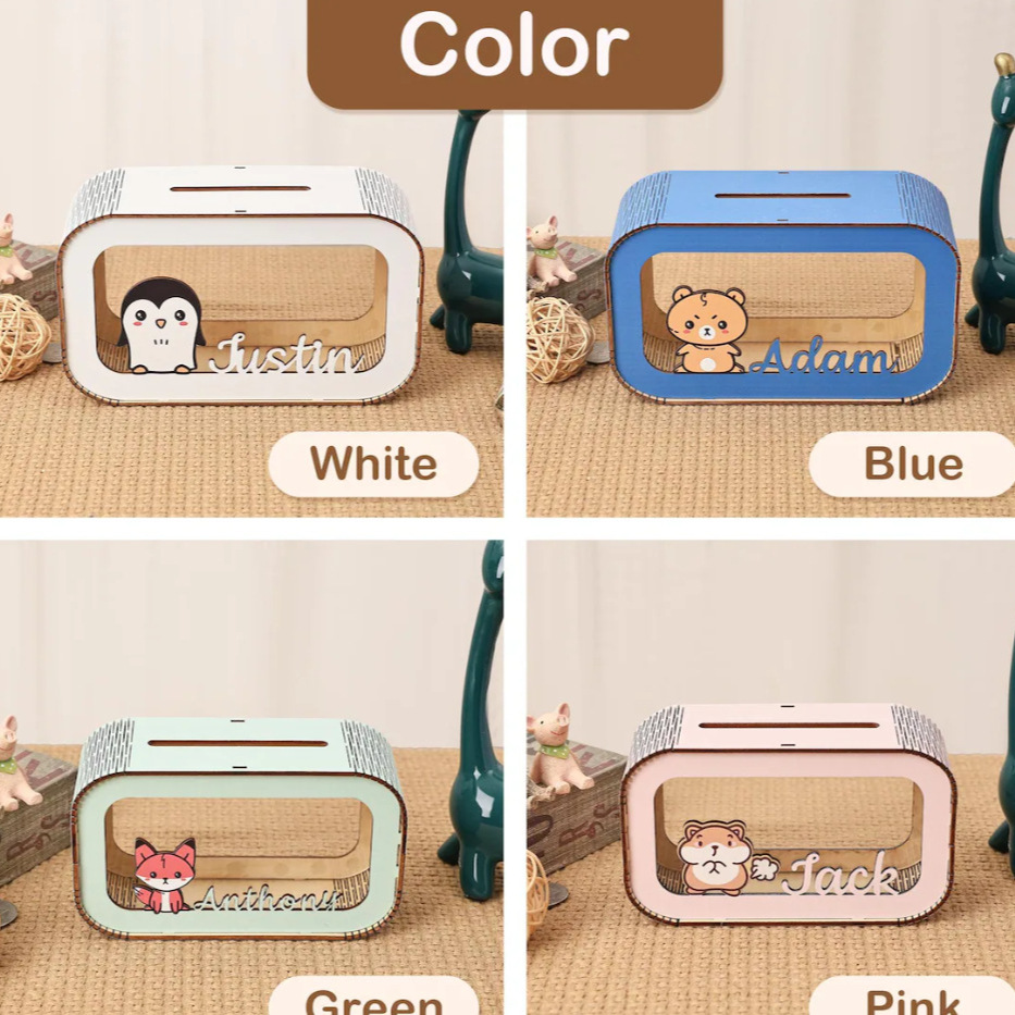 Personalizado lindo depósito de dinero pequeño animal de energía lata de moneda, caja de dinero de madera caja de regalo para niños