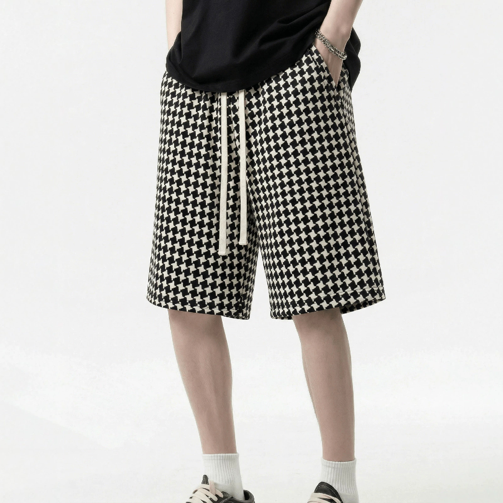 Men's Houndstooth Print Shorts Summer Thin Style Casual High Street Retro Loose Straight Leg Five Pocket Pants_viptrois.com
