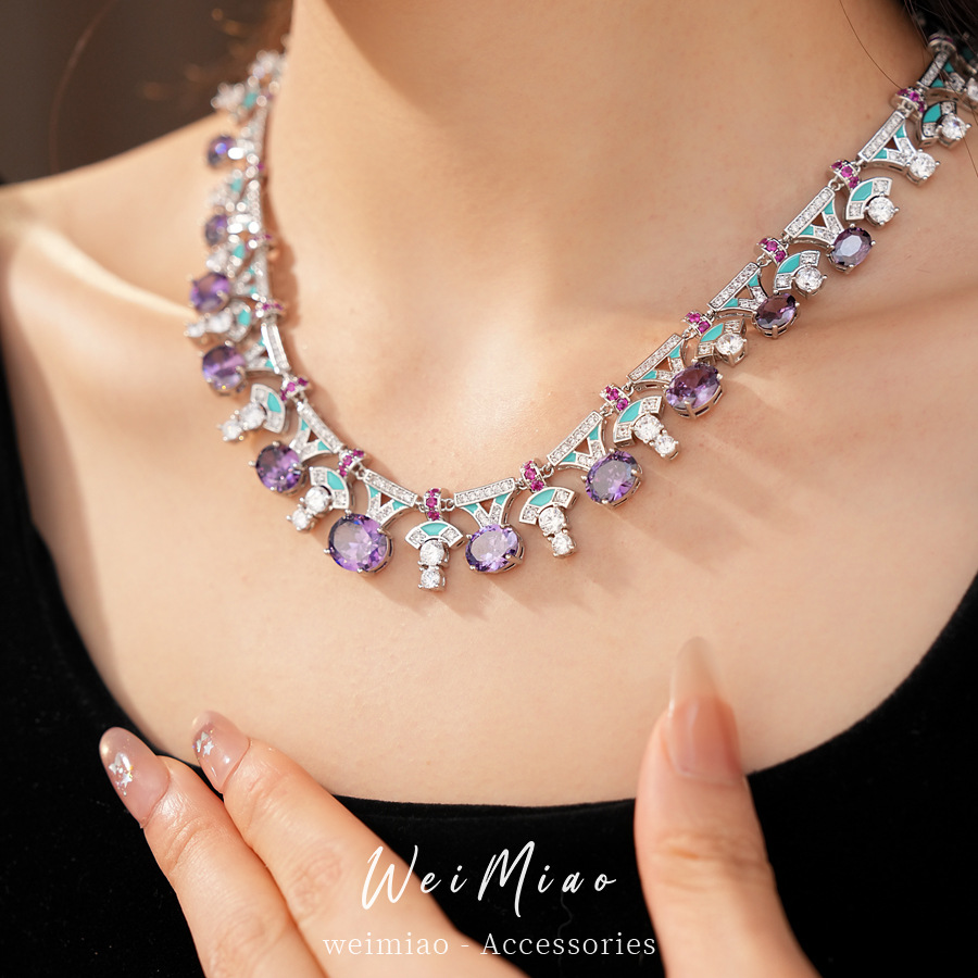 Collar de zircón de goteo de aceite ovalado, lujo ligero, lujo ligero, lujo alto, cadena de clavícula, corte, conjunto de joyería al por mayor