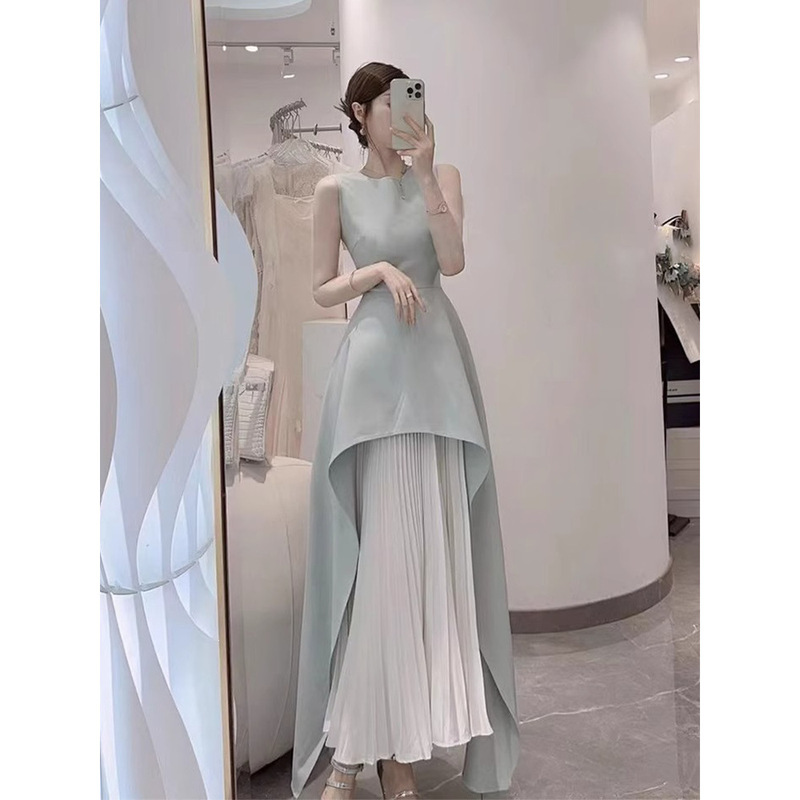 Social Banquet Dress with French Style and Goddess-Like Elegance for Formal Occasions, Blue Patchwork Dress for Summer