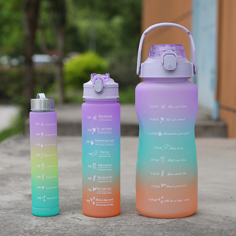 Botella deportiva degradada de gran capacidad – con pajilla y tapa, set de 3 piezas