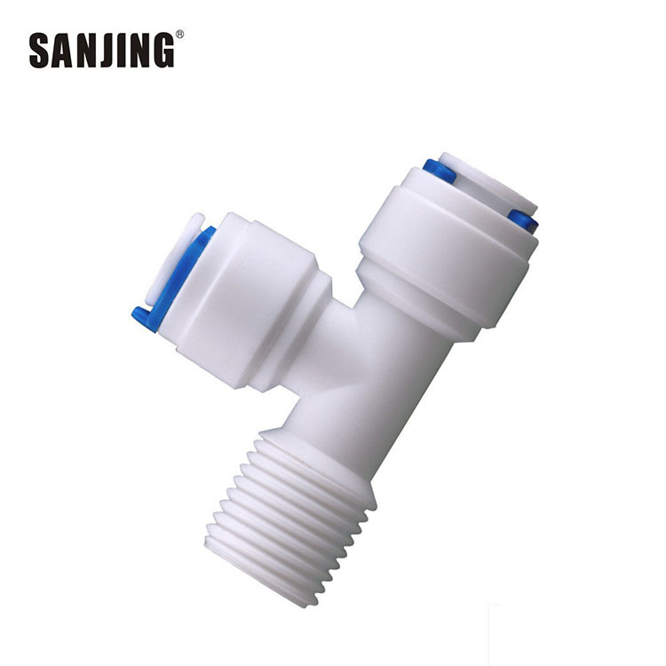 Venta al por mayor 7544 máquina de agua pura enchufe rápido conector de plástico 2 puntos hilo vuelta 2 puntos tee tubería purificador de agua conector