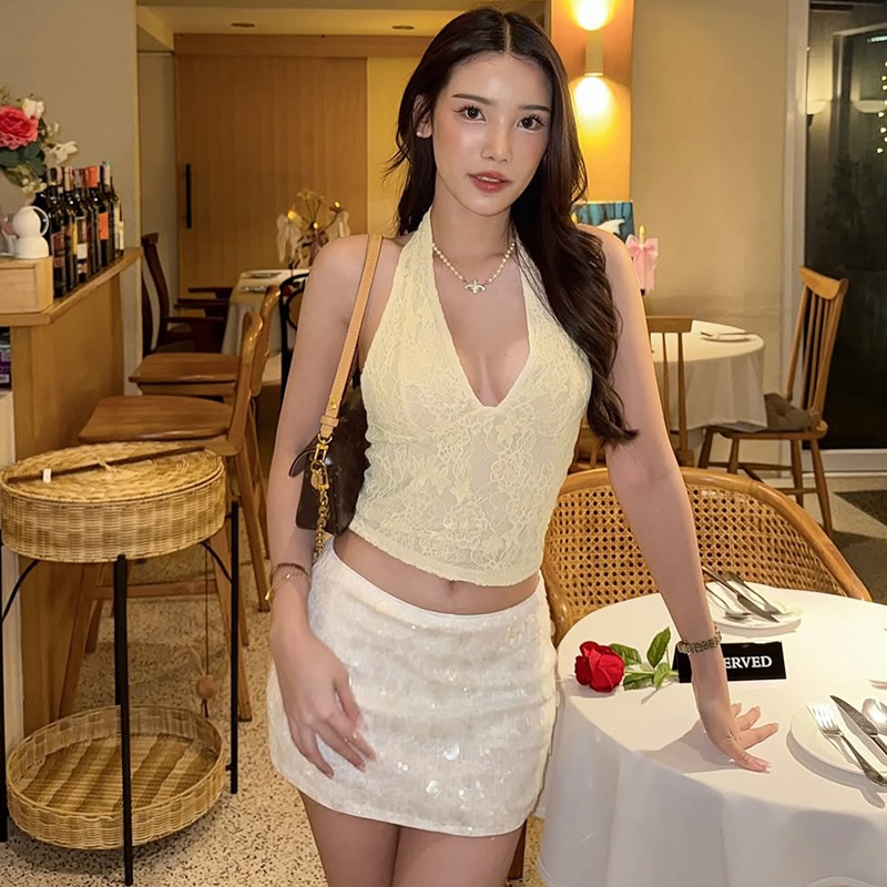 European And American Women's Clothing 2026 Summer New Fashion Spice Girl Lace Splicing Low Neck Tie Sexy Tube Top_ecoleips.com
