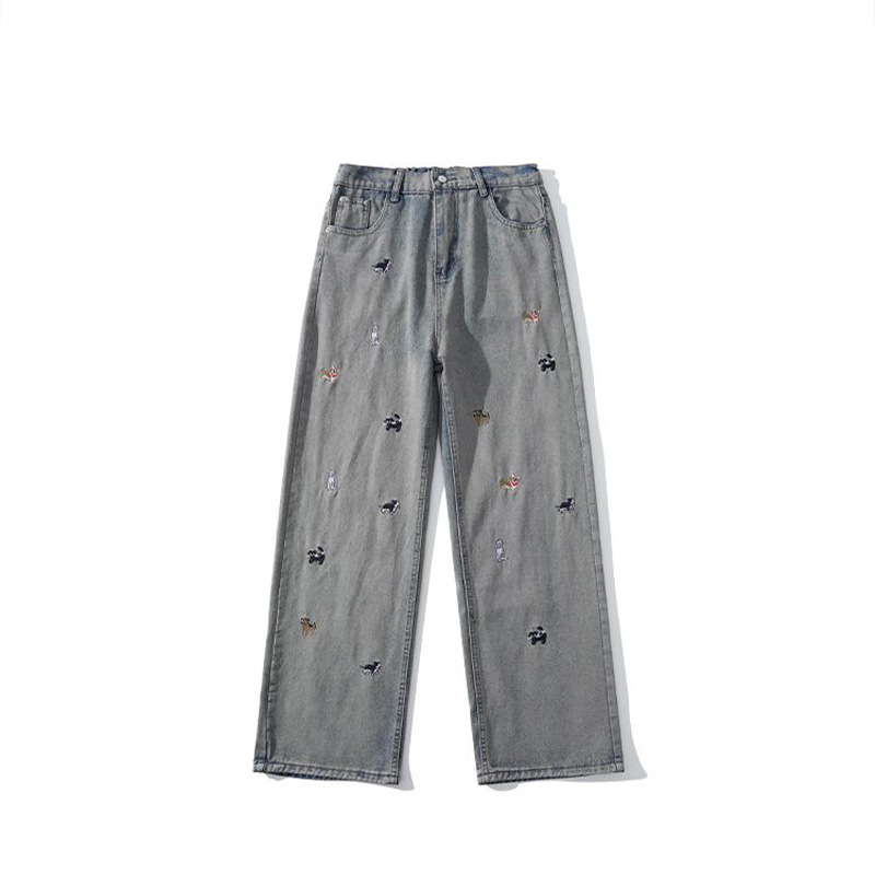 Diversión americana cachorro bordado jeans hombre verano 2026 nuevo pantalones de piernas largas de cintura alta recta