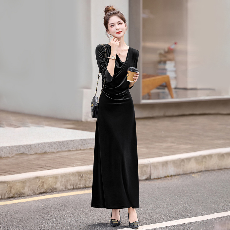 法式女人味气质V领连衣裙女2025春秋新款名媛风修身显瘦长款裙子|undefined