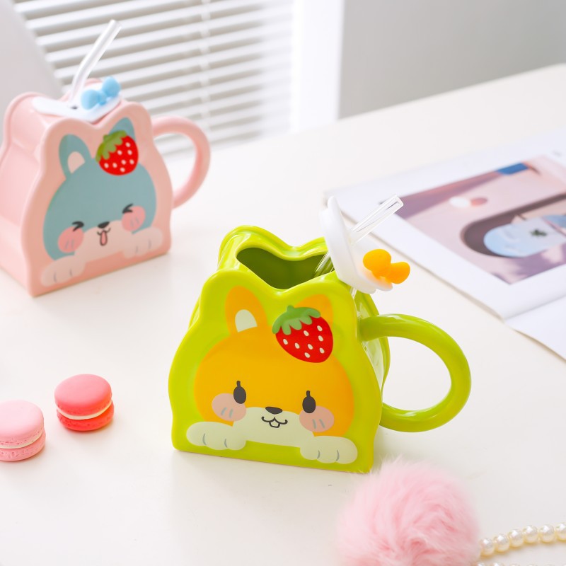 Taza de paja de cerámica creativa de dibujos animados lindo conejo taza Rosa chica corazón gran capacidad pareja taza de agua
