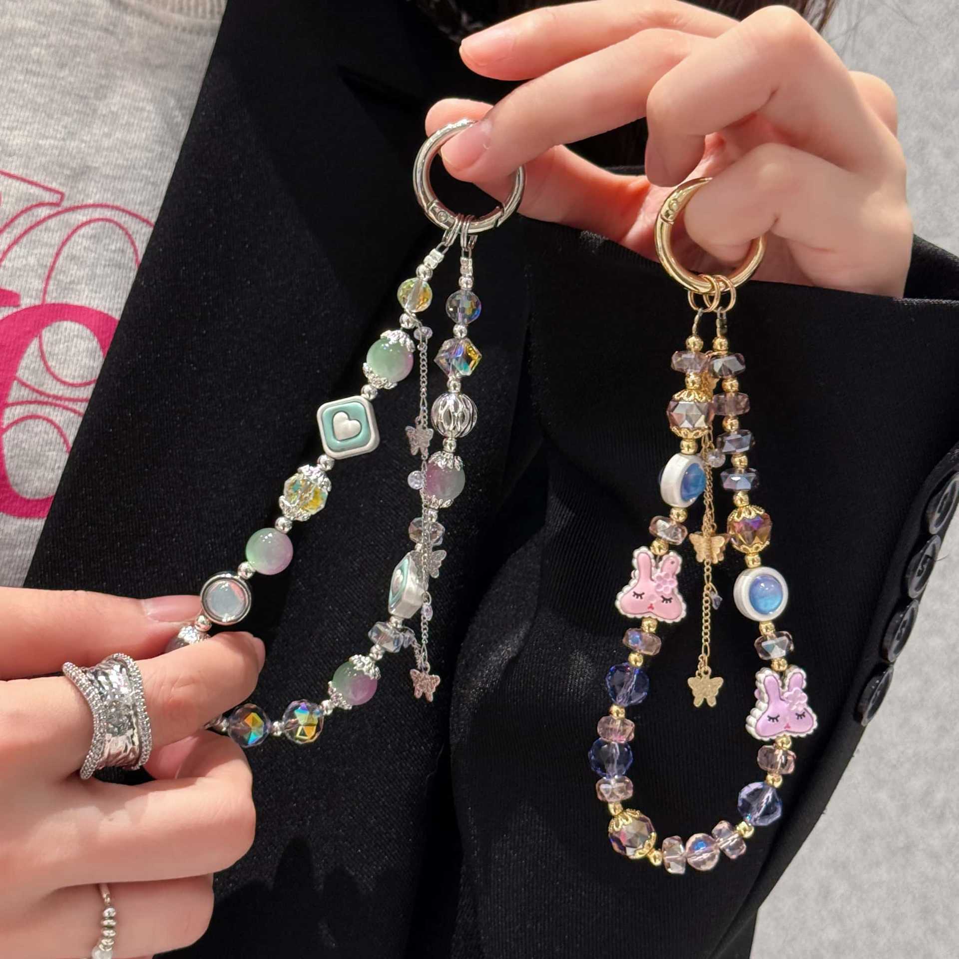 Hecha a mano y de alta calidad, colgante de teléfono móvil, pulsera de mariposa de conejo, pulsera de moda, colgante de teléfono móvil corto, pulsera corta