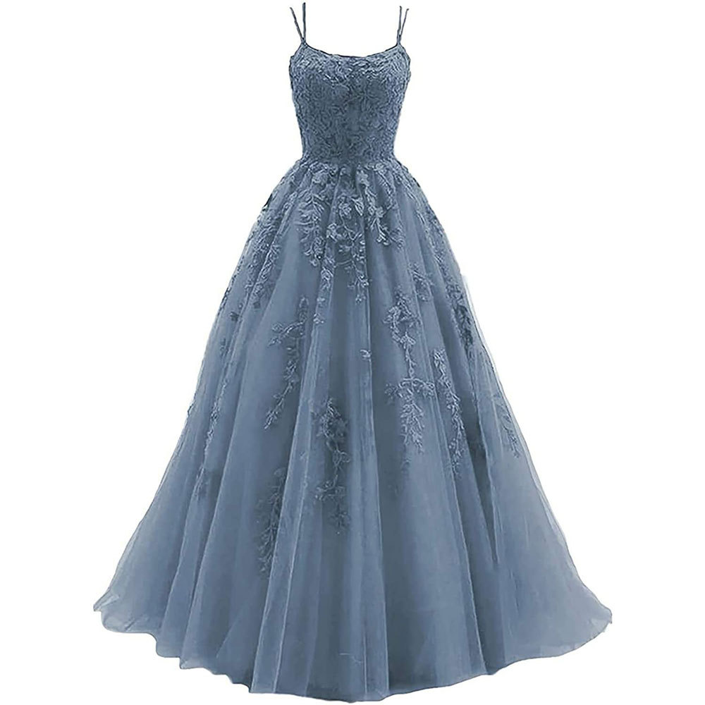 Amazon Comercio exterior espaguetis Correa baile vestido de noche largo tul encaje apliques vestido de fiesta de las mujeres image 4