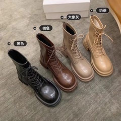 牛皮葡萄妈同款英伦风中筒靴子厚底圆头系带弹力时尚短靴女马丁靴