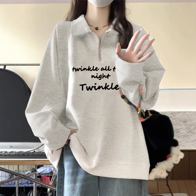 灰色中性风大码卫衣女春秋2025新款翻领半拉链设计感ins薄款外套