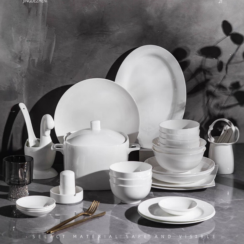 Jingdezhen Classy Bone China Chinese Dishes Home Set Simple Accessible Luxury Pure White Dishes Bowls and Chopsticks Housewarming Gifts