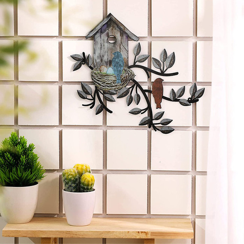 Cross-border metal birdhouse wall decoration colorful iron mural wall birdhouse wall hanging living room decorative art wall