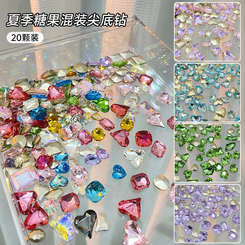 Cyber Celebrous Pointed Bottom Drill Mixed with Candy Soda Stained Glass Crystal Crooked Heart Pigeon Egg Rock Candy Shaped Nail Drill