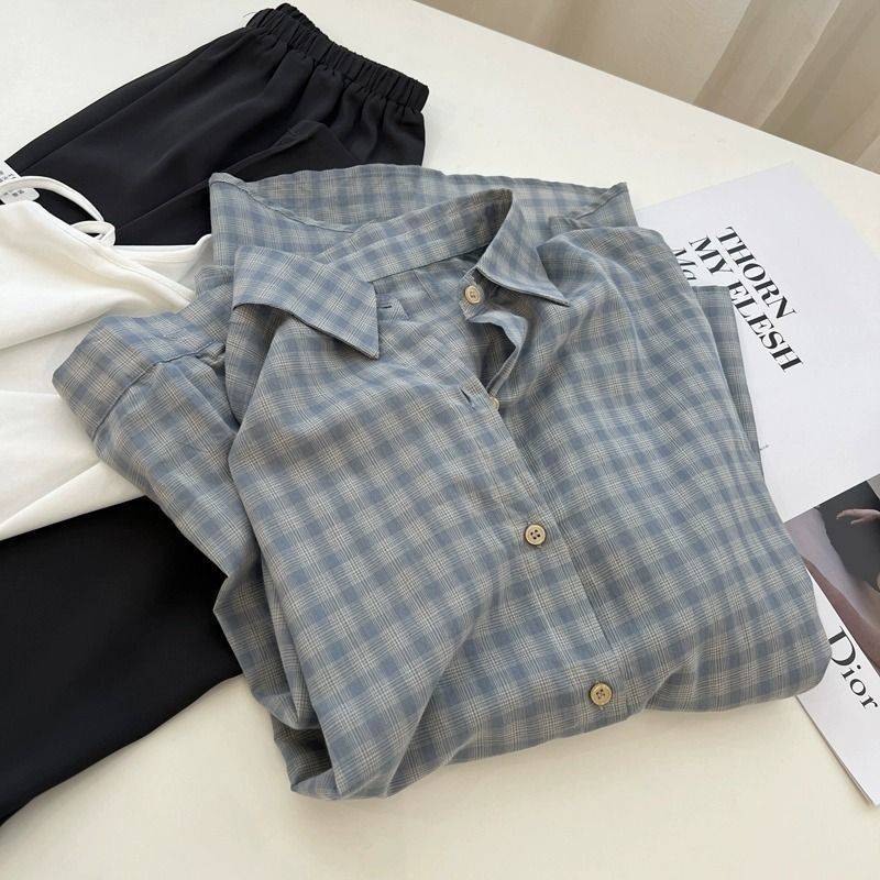 Japanese blue retro summer thin shirt