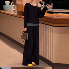 2025新款减龄秋季斜肩拼接假两件卫衣女套装轻熟风阔腿裤两件套女