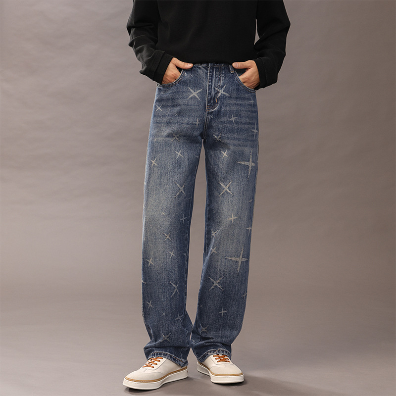 European and American Trendy Washed Printed Straight Jeans for Men, Slightly Loose and Comfortable American Autumn and Winter Long Pants for Men 2025 European and American Trendy Washed Printed Straight Jeans for Men, Slightly Loose and Comfortable American Autumn and Winter Long Pants for Men 2025