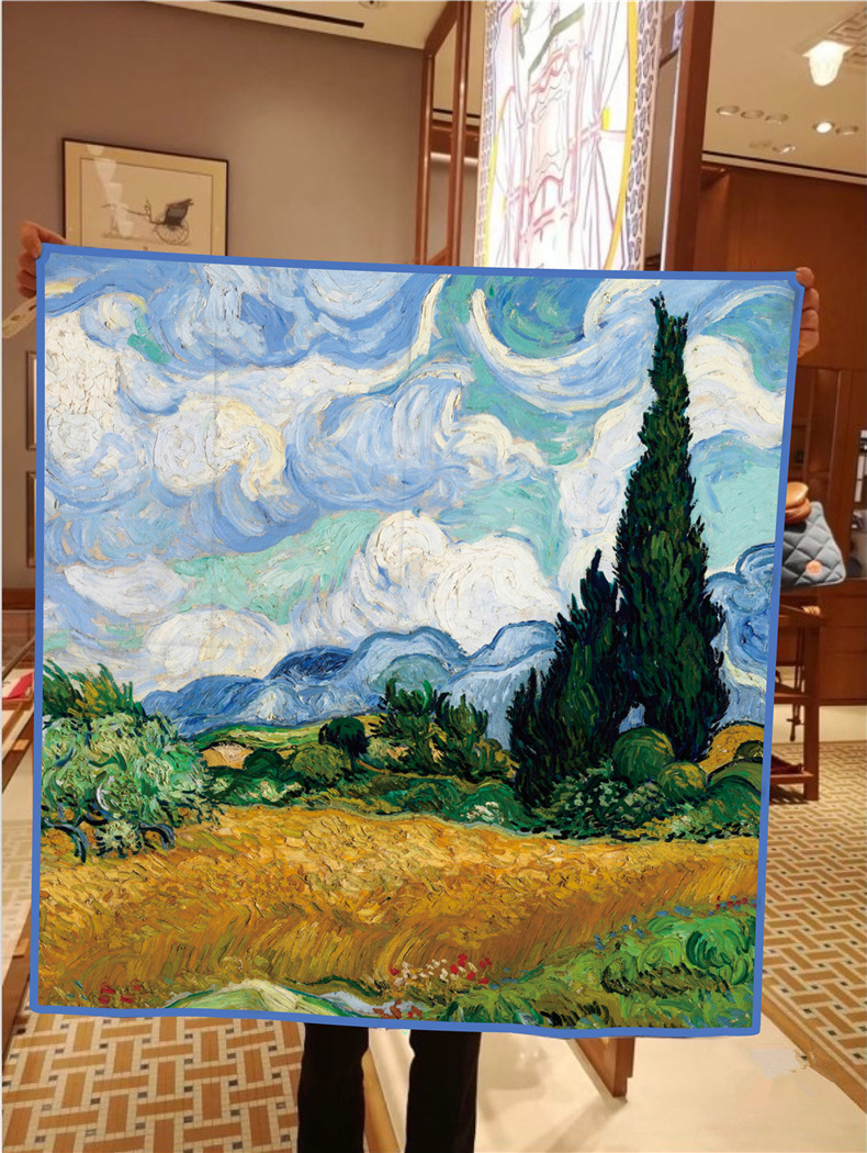 Ölgemälde Stil Twill Seide Quadrat für Frauen Van Gogh, Weizenfeld Sonnenblume handgemachte gerollt Rand sc, dekorative_voghion.com