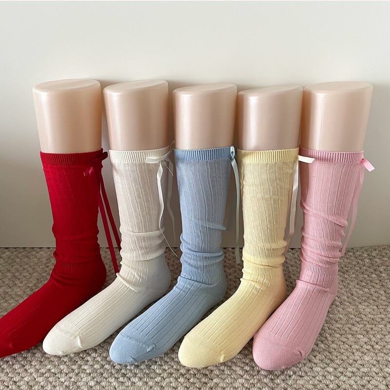 Korean-Style Sweet Girl Double-Needle Vertical Stripe Patchwork Stacked Socks with Trailing Ribbon Bow, Mid-Calf Socks Korean-Style Sweet Girl Double-Needle Vertical Stripe Patchwork Stacked Socks with Trailing Ribbon Bow, Mid-Calf Socks