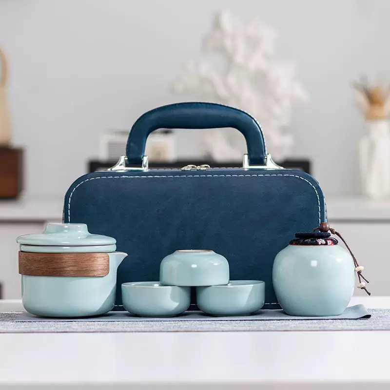 天青茶具套装一壶三杯茶壶陶瓷泡茶杯伴手礼定制商务礼品汝窑便携