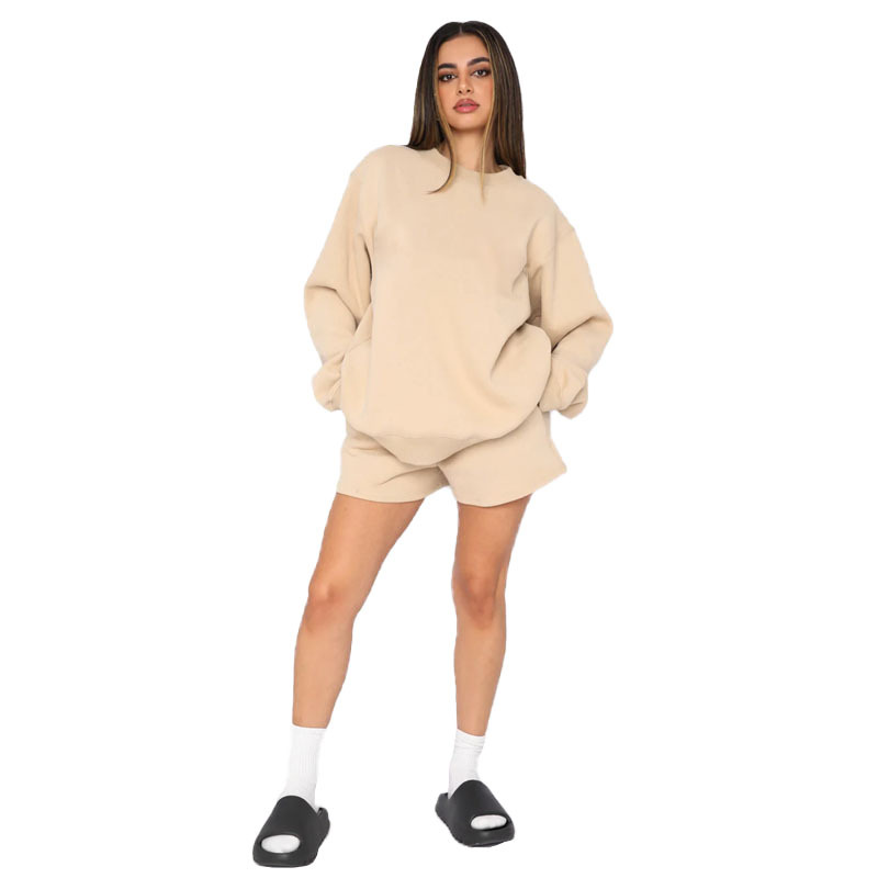 Einfarbiger Pullover, Rundhalsausschnitt, Langarm, modisches, lässiges Shorts-Set_voghion.com