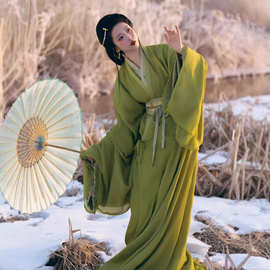 春秋战国袍直裾马山楚墓复原款绿色汉服传统交领拖尾大放量演出服