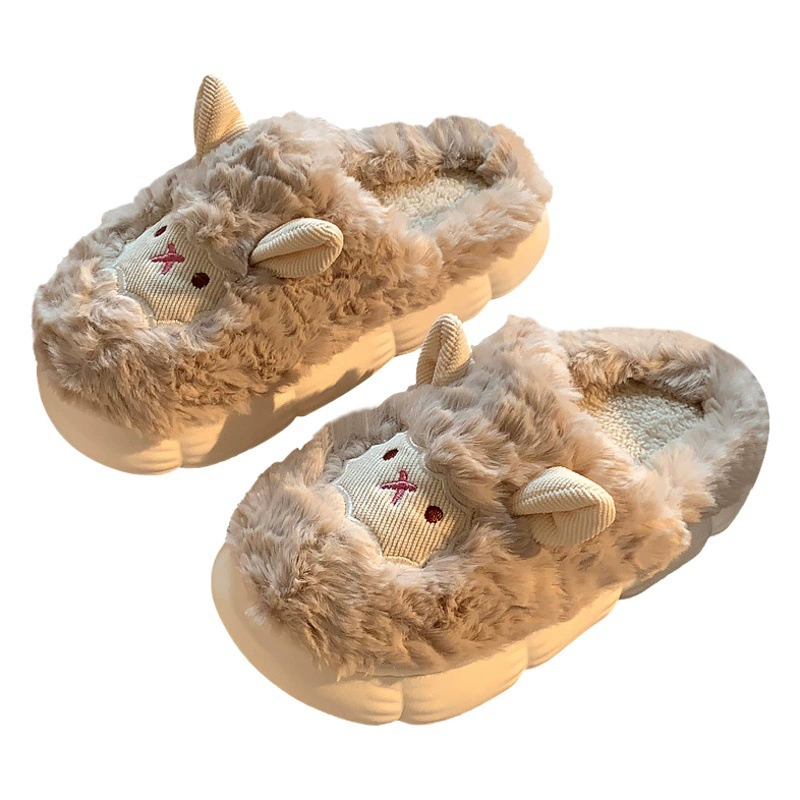 Милые хлопковые тапочки с маленькими овечками для женщин, милые зимние домашние нескользящие туфли на толстой подошве, теплые шерстяные тапочки на флисовой подкладке