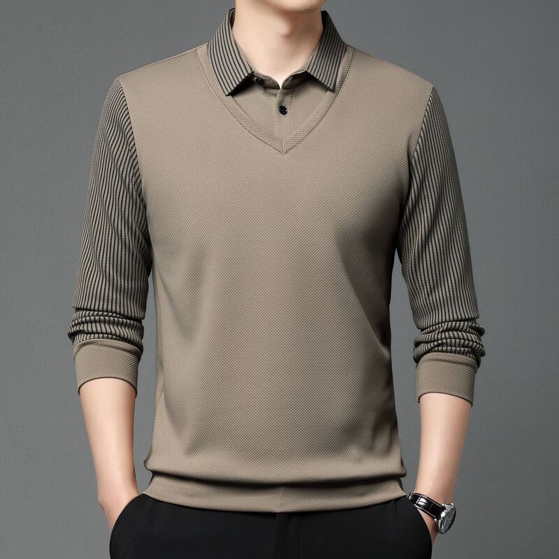 Winter fleece-lined Thickened Fake Two-piece T-shirt Men's Warm Lel Base T-shirt Young Middle-aged Striped Top Winter fleece-lined Thickened Fake Two-piece T-shirt Men's Warm Lel Base T-shirt Young Middle-aged Striped Top