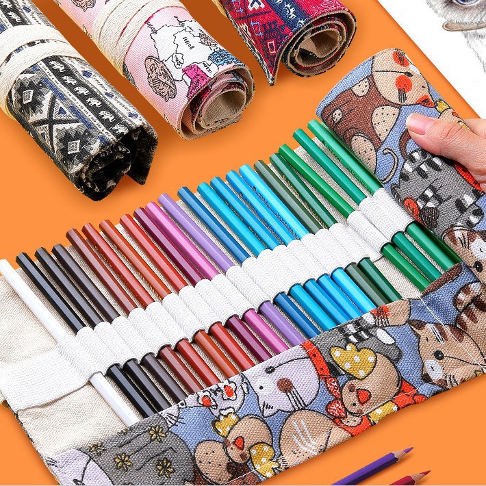 手工帆布彩铅笔笔帘大容量卷笔袋男女生彩铅收纳袋素描铅笔文具盒