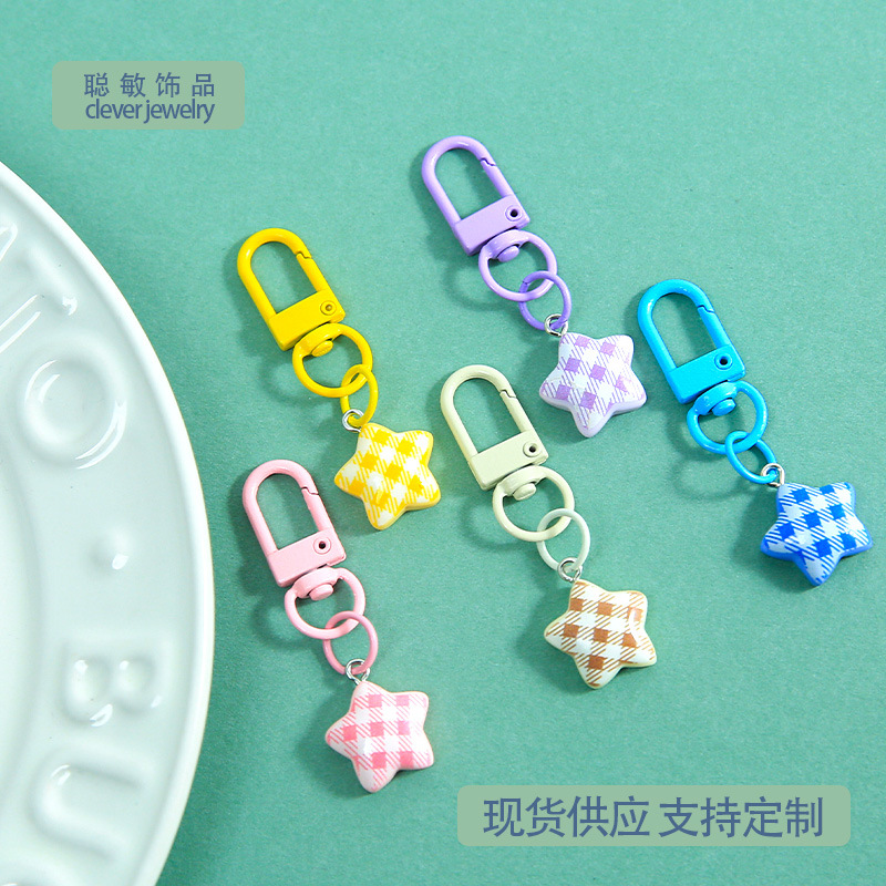 Colorful Plaid Fabric Five-Pointed Star Door Buckle Keychain DIY Bead Accessories Bag Pendant Materials Wholesale