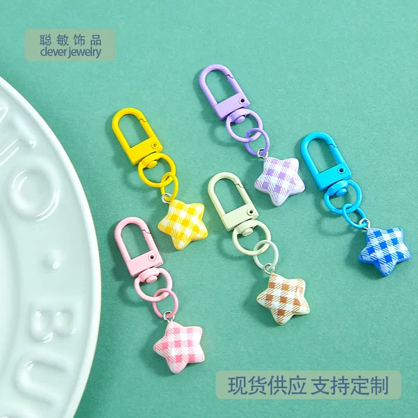 Colorful Plaid Fabric Five-Pointed Star Door Buckle Keychain DIY Bead Accessories Bag Pendant Materials Wholesale