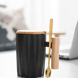 ins北欧木手柄陶瓷马克杯办公室水杯文艺咖啡杯水杯节日活动礼品