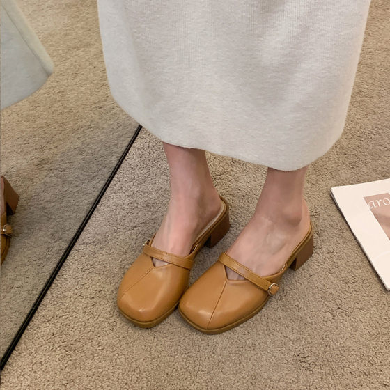 Baotou Half Slippers Women's Summer Outwear 2024 New French Style Thick Heel Mueller Shoes Square Toe High Heel Sandals Fairy Style