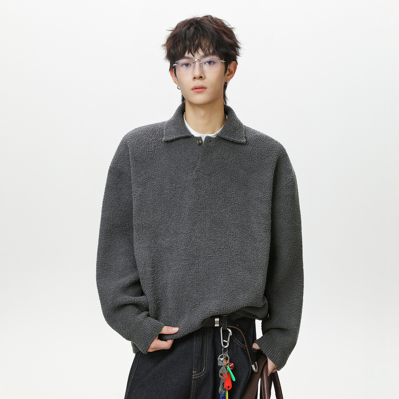 Vintage-Style Half-Velvet Seagull Collar Sweater, New Thick and Warm Autumn and Winter Knitwear with a Turn-Down Collar, Top Jacket Q